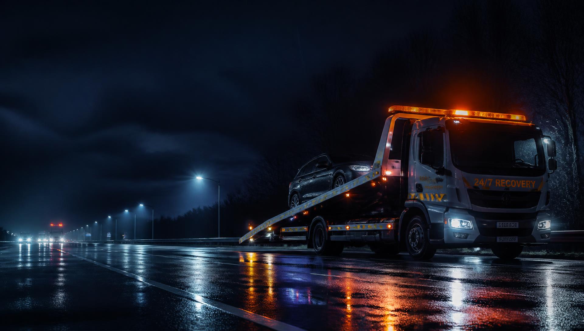Šlep vozilo utovaruje automobil noću na autocesti